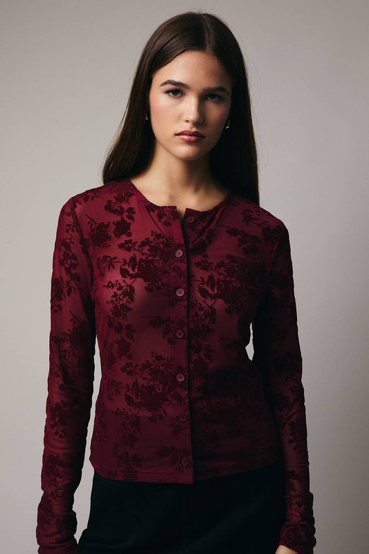 Round Neck Long Sleeve Velvet Button-Up Top