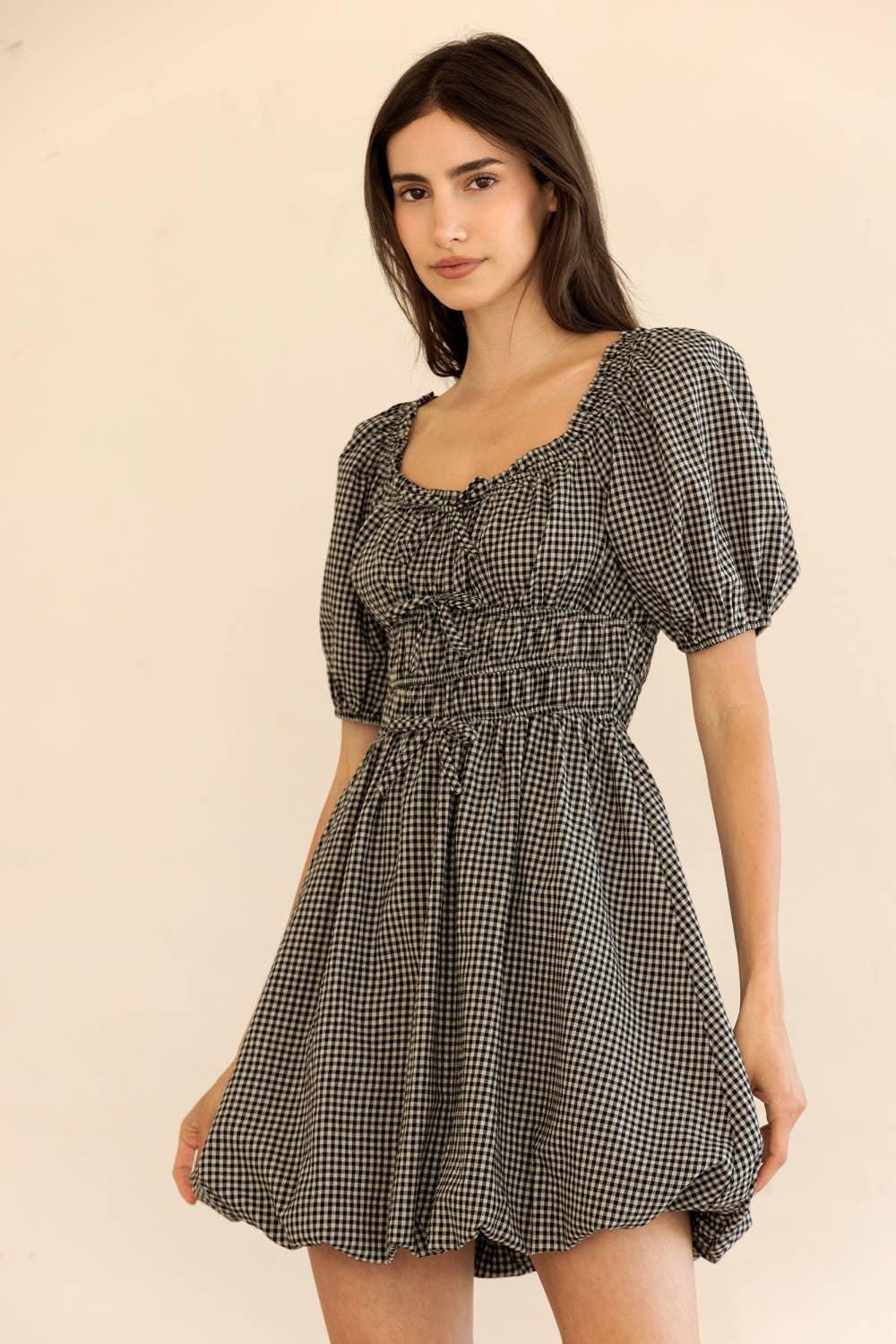 GINGHAM PUFF SLEEVE MINI DRESS