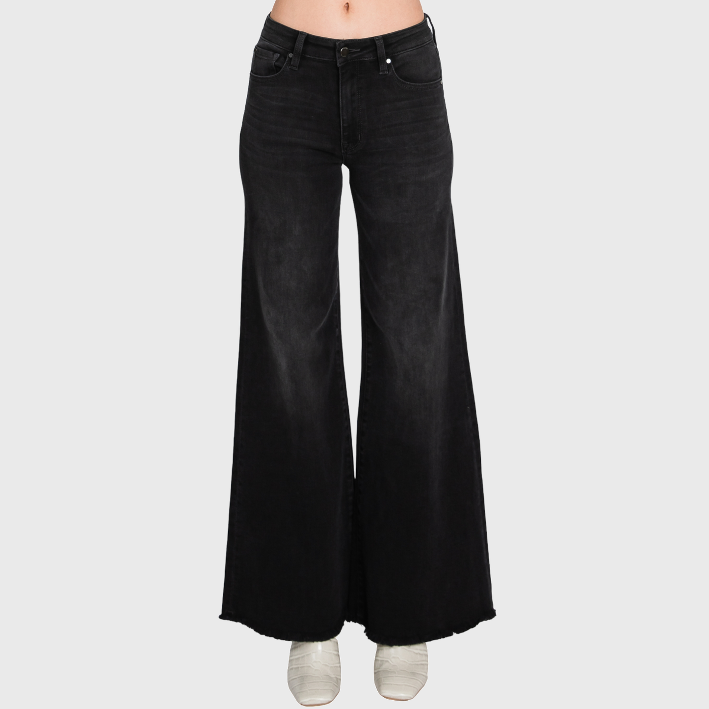 HIGH RISE BLACK WASHED WIDE LEG FLARE JEANS