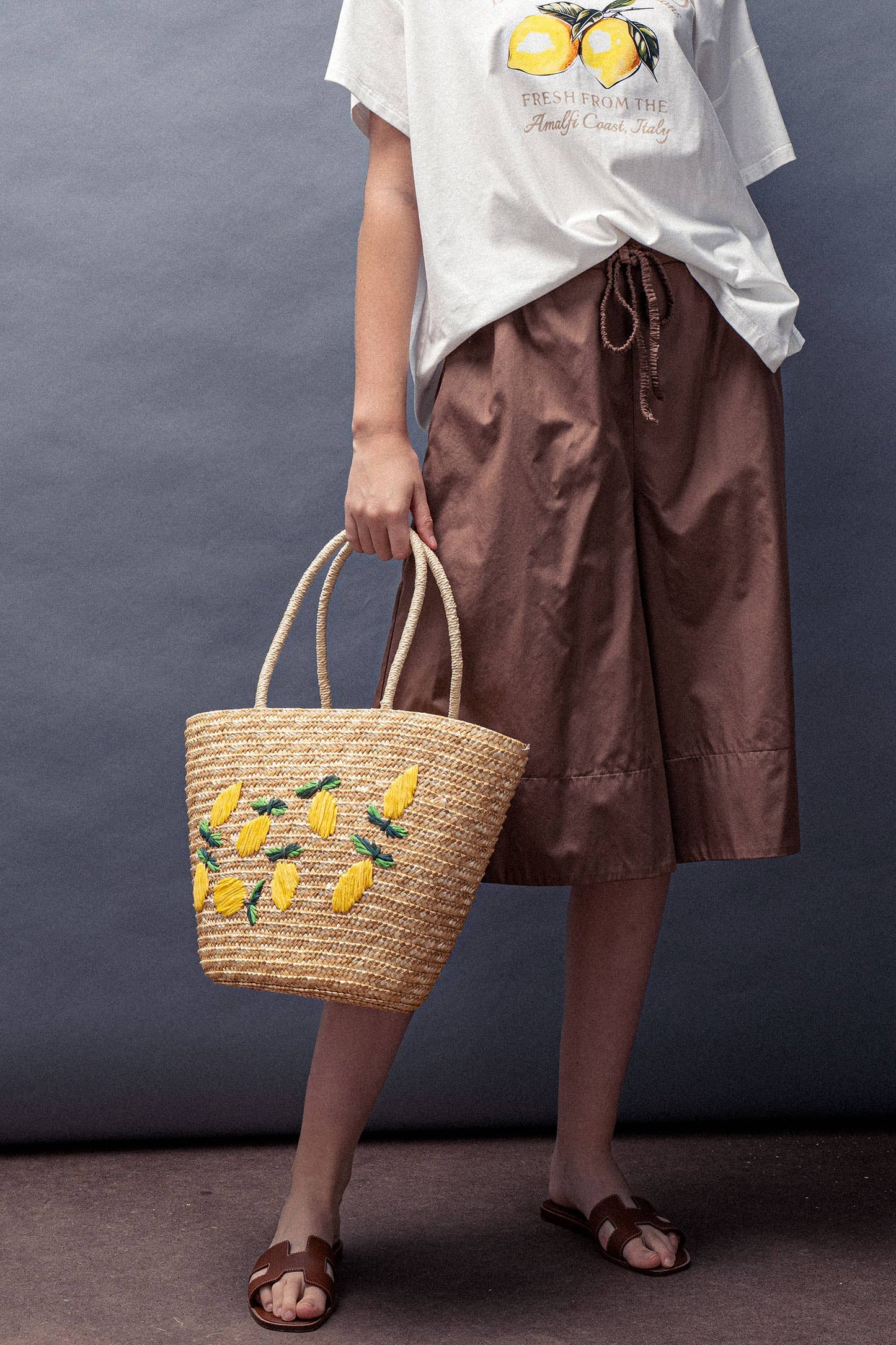 Lemon Embroidered Straw Beach Tote