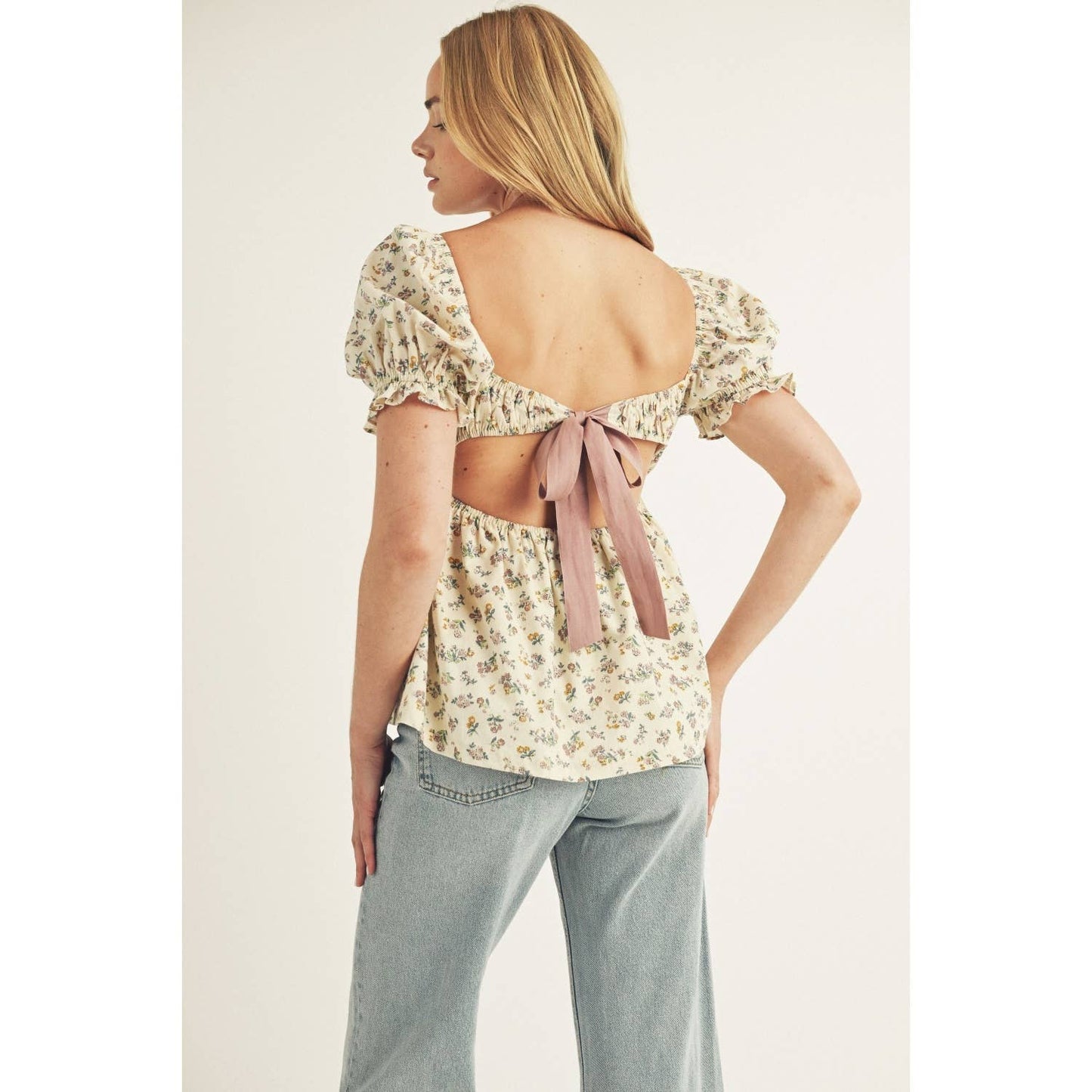 FLORAL PRINT RIBBON TIE BABY DOLL TOP