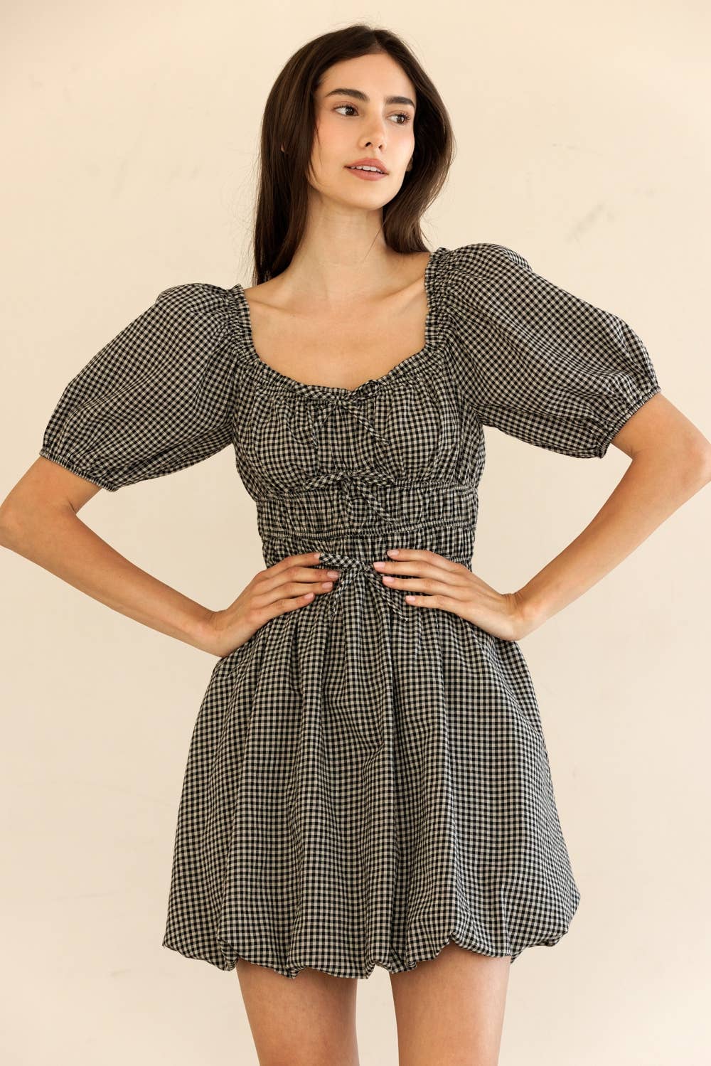 GINGHAM PUFF SLEEVE MINI DRESS