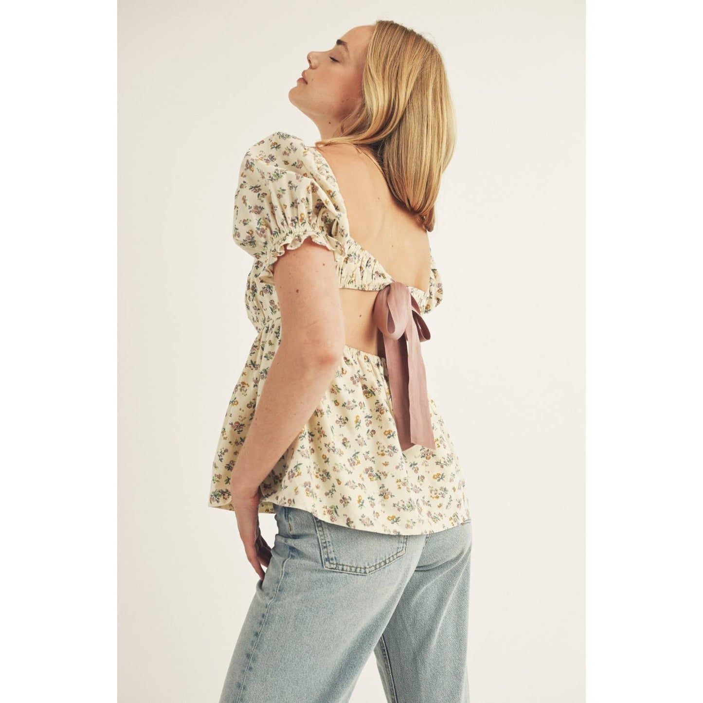FLORAL PRINT RIBBON TIE BABY DOLL TOP