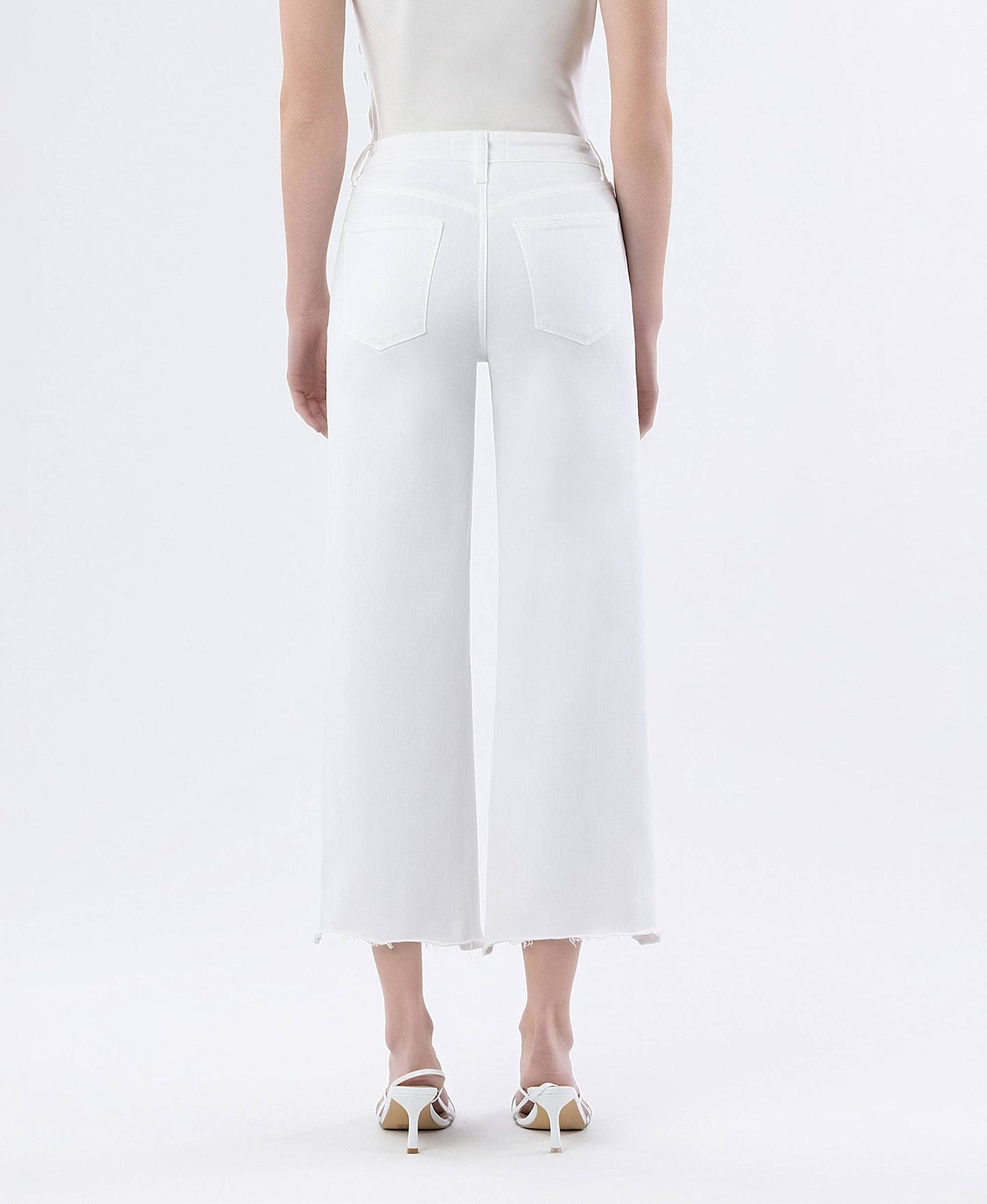 WHITE HIGH RISE UNEVEN RAW HEM CROP WIDE JEANS
