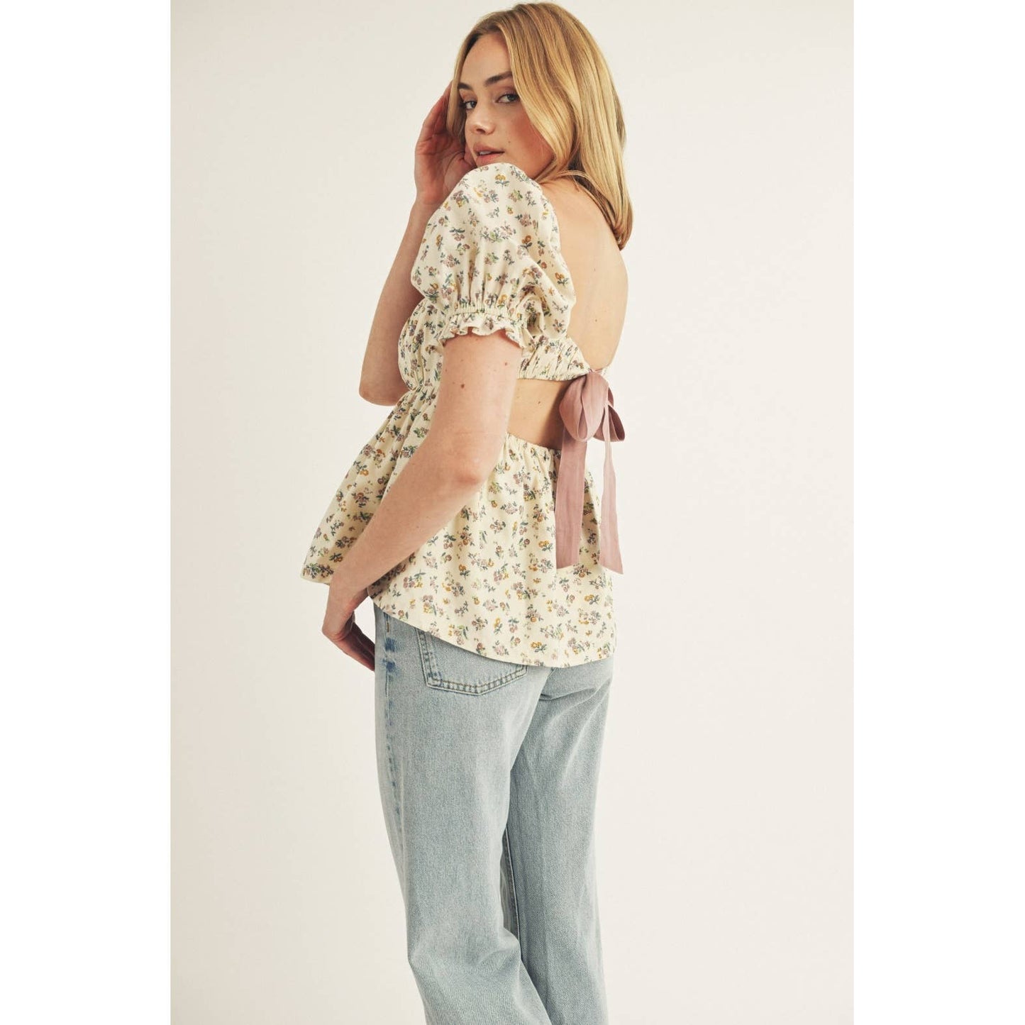 FLORAL PRINT RIBBON TIE BABY DOLL TOP