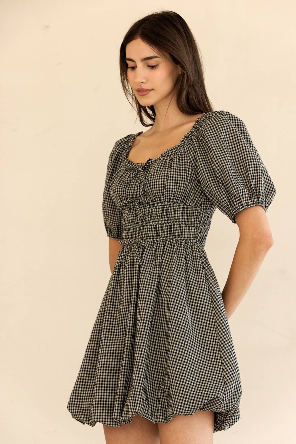 GINGHAM PUFF SLEEVE MINI DRESS