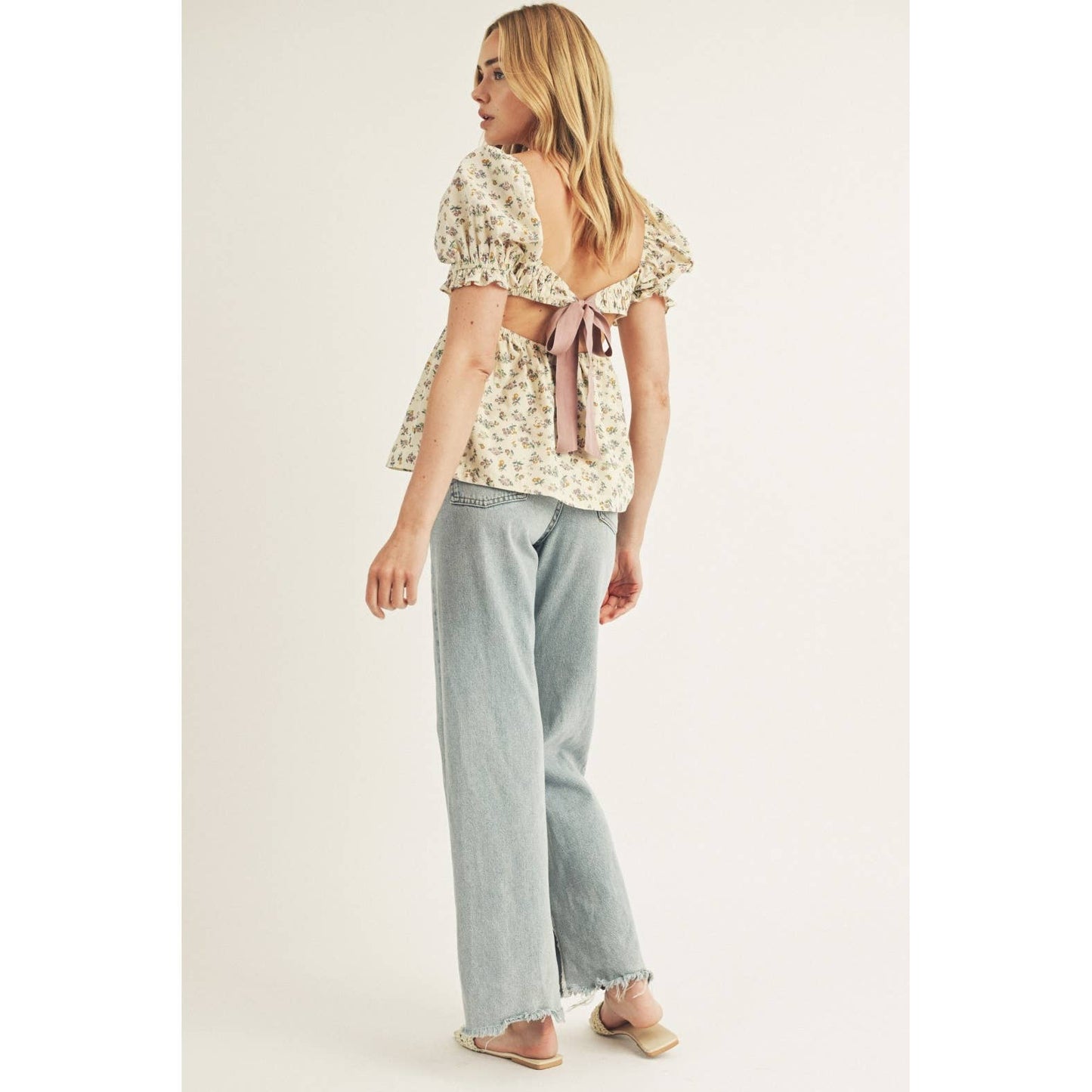 FLORAL PRINT RIBBON TIE BABY DOLL TOP