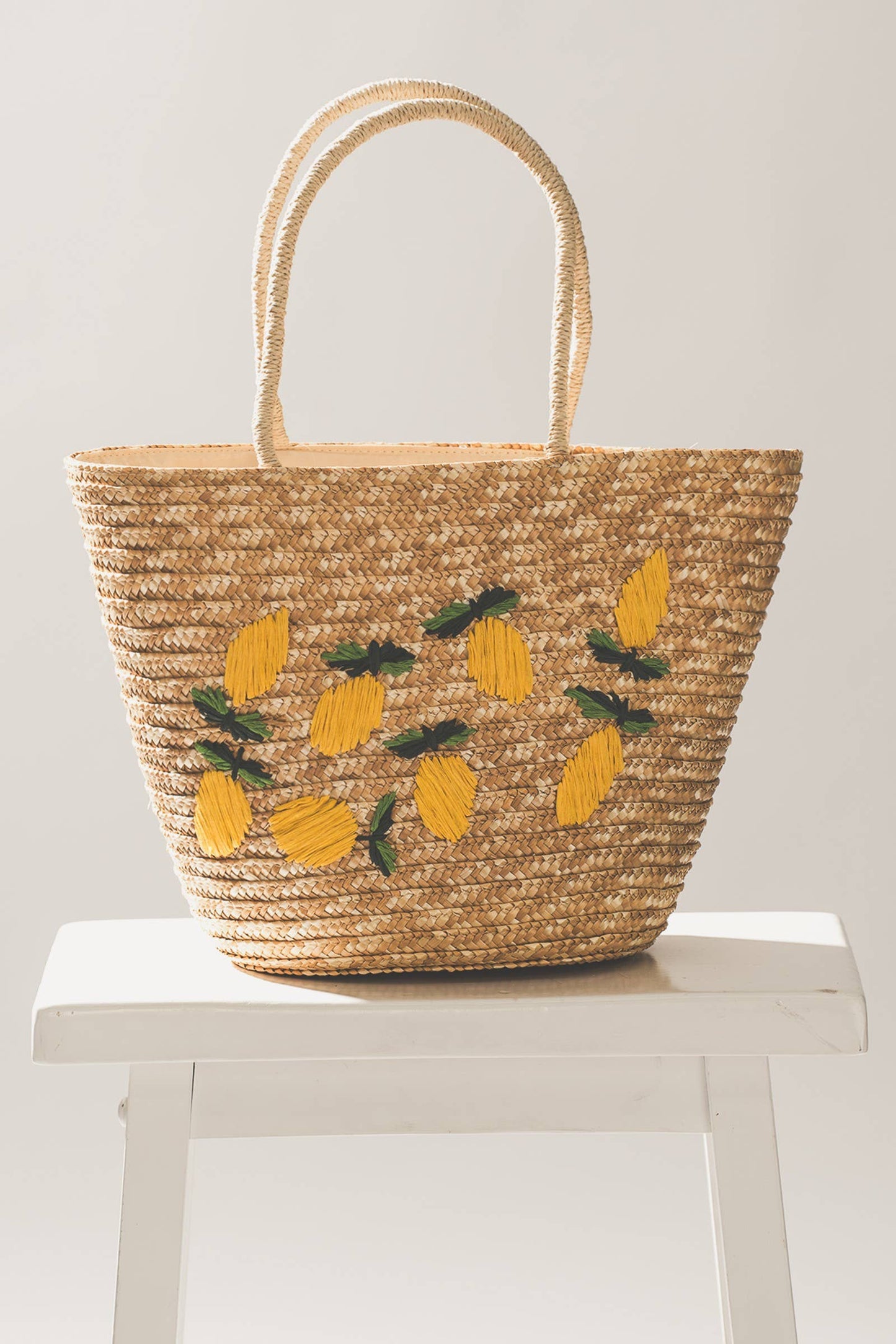 Lemon Embroidered Straw Beach Tote