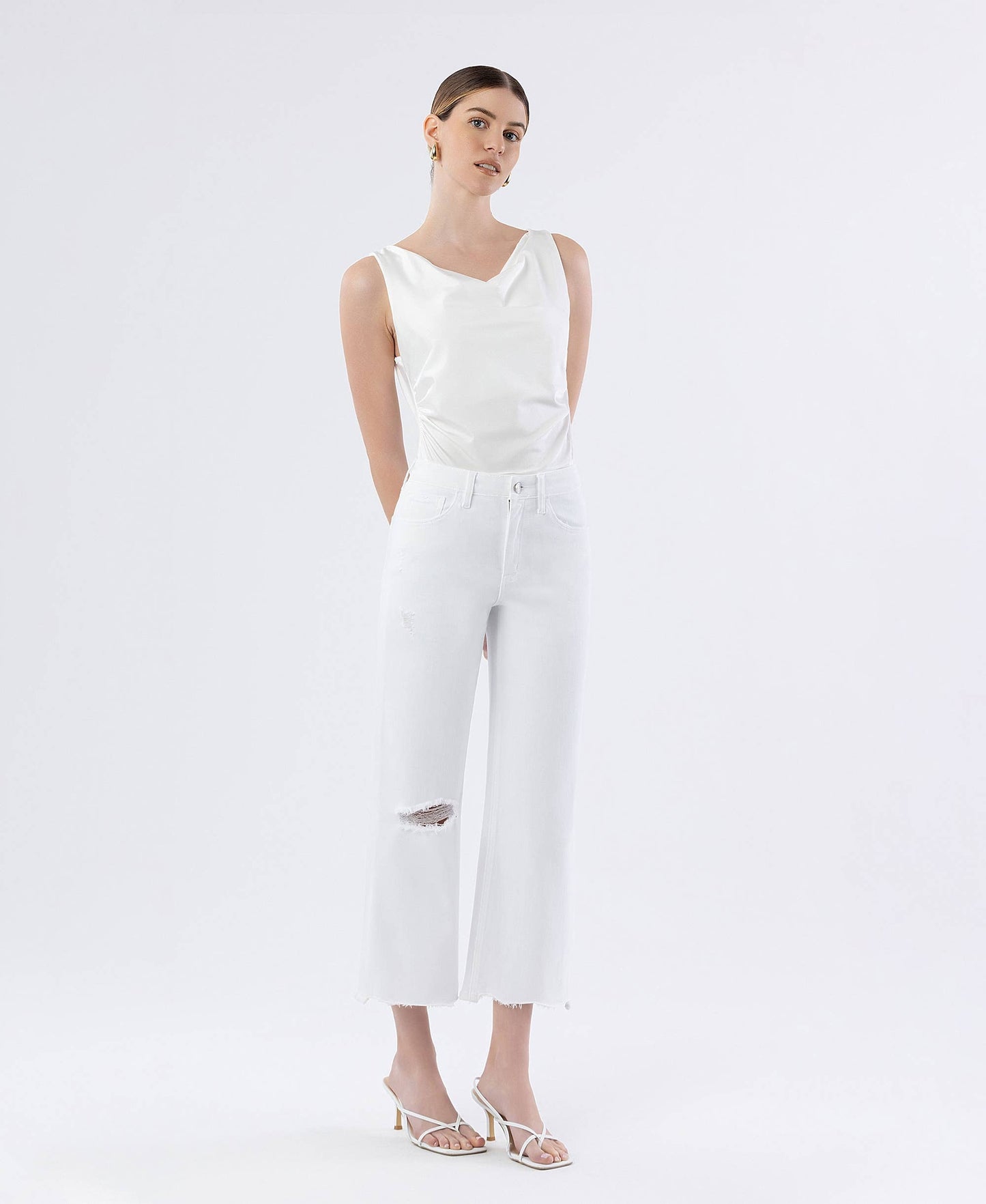 WHITE HIGH RISE UNEVEN RAW HEM CROP WIDE JEANS