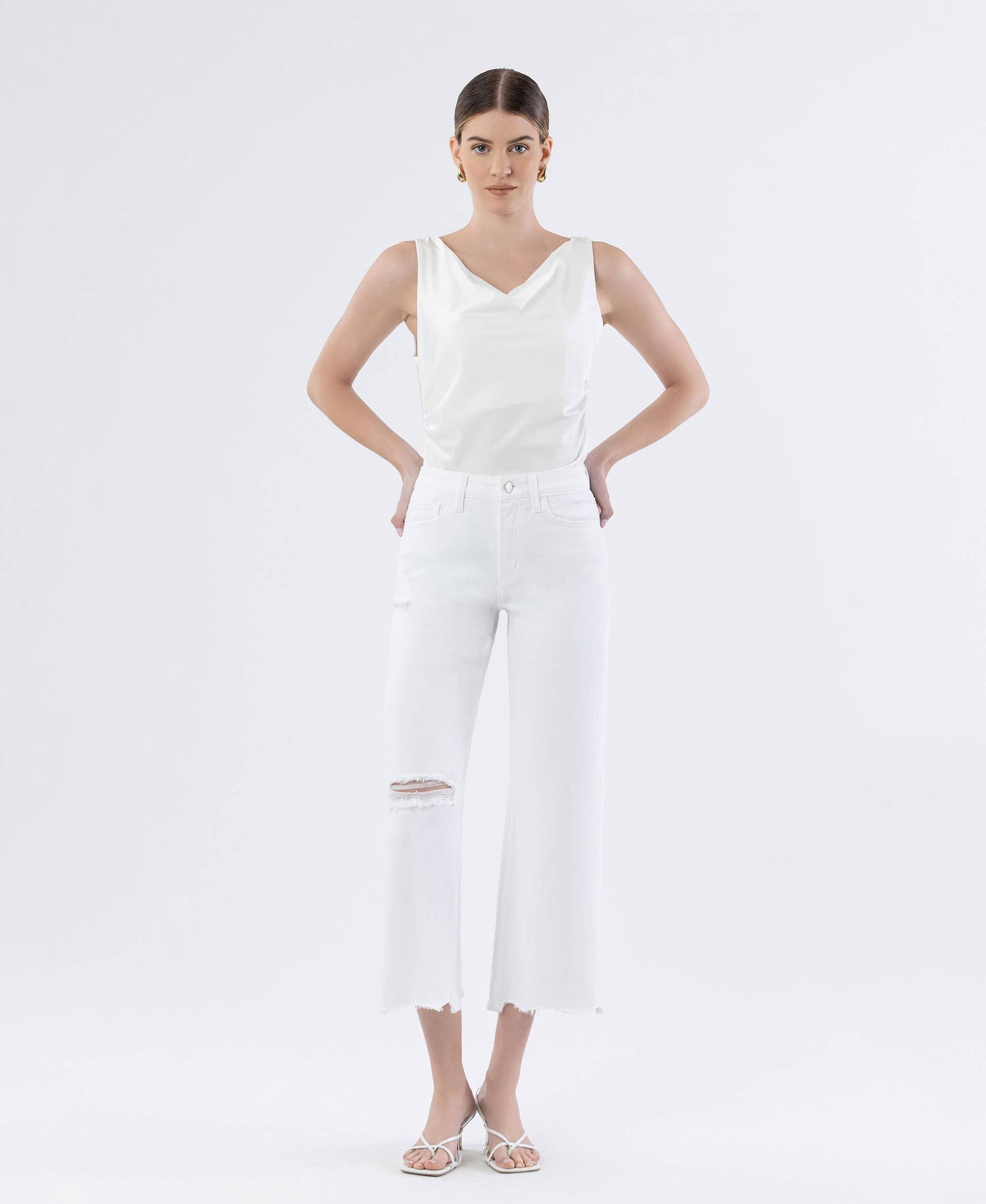 WHITE HIGH RISE UNEVEN RAW HEM CROP WIDE JEANS