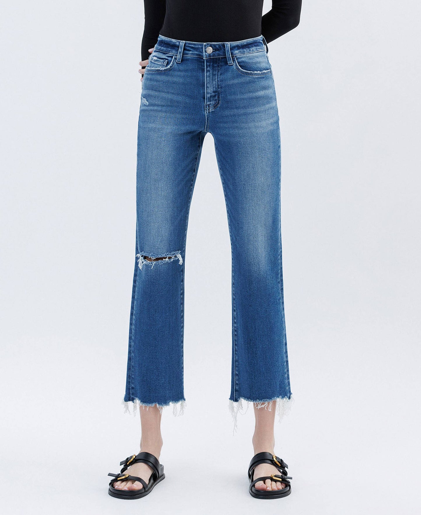 HIGH RISE DISTRESSED CROP STRAIGHT JEANS