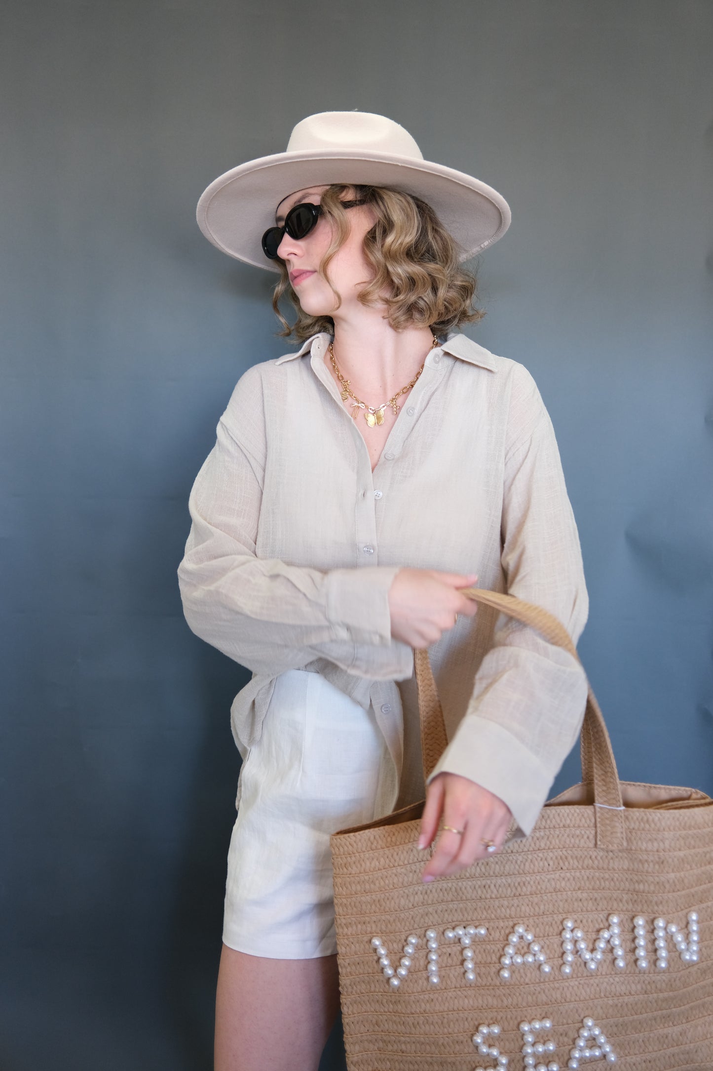 Woven Cotton Buttondown Collar Neck Long Sleeve Top
