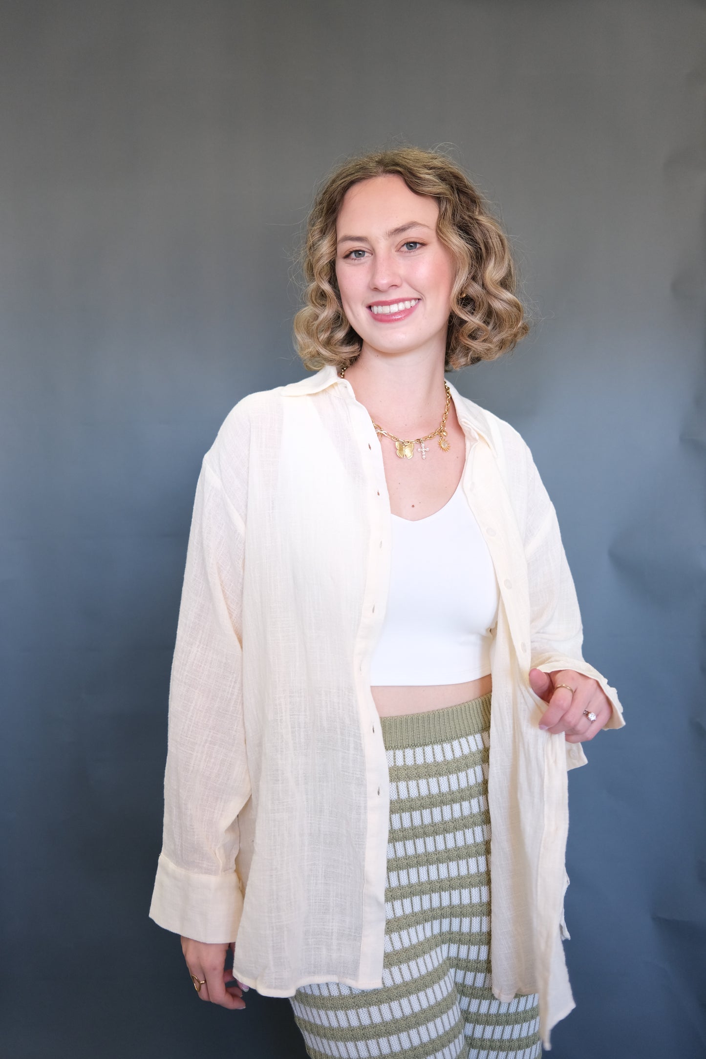 Cream Woven Cotton Button Down