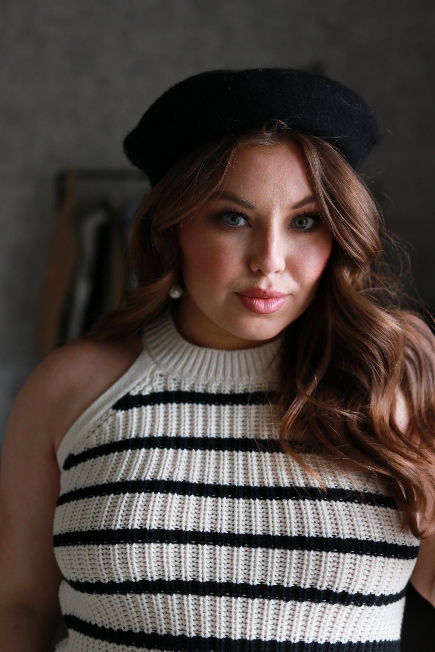 STRIPED SLEEVELESS RUCHING DETAIL KNIT DRESS