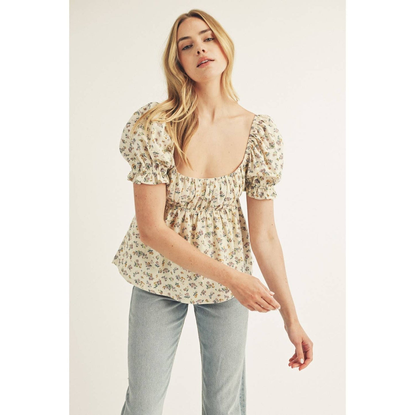 FLORAL PRINT RIBBON TIE BABY DOLL TOP
