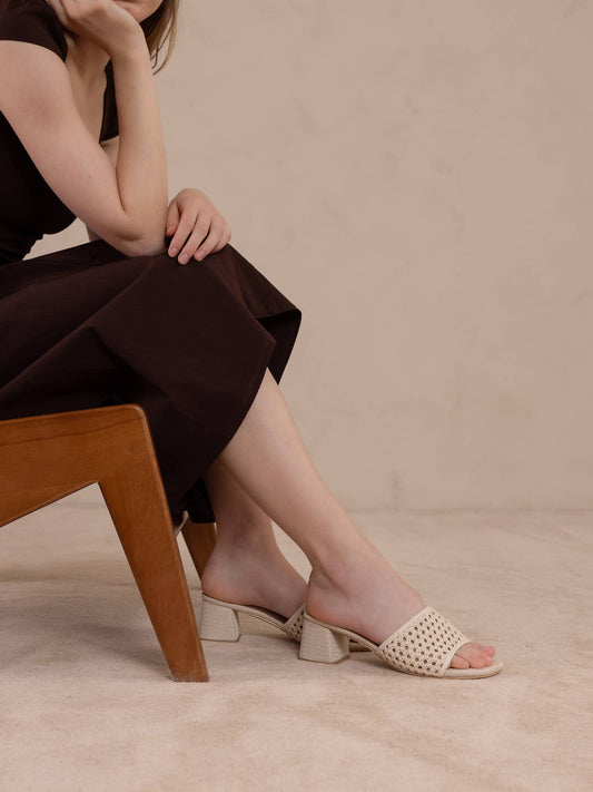 The Sharon | Ivory Textured Raffia Block Heel Slide Sandal