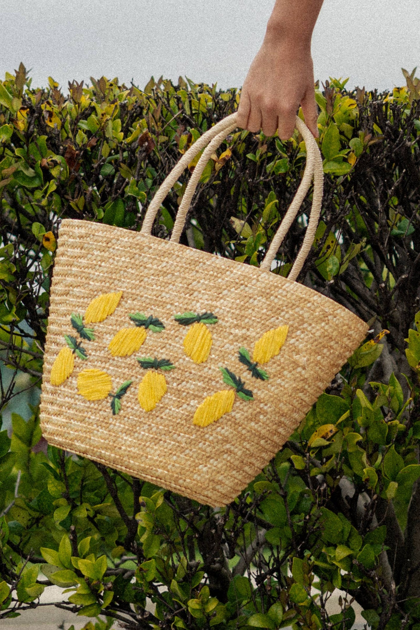 Lemon Embroidered Straw Beach Tote