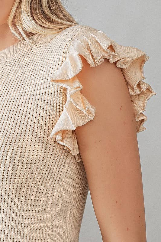 RUFFLED EDGES POINTELLE RIB KNIT TOP