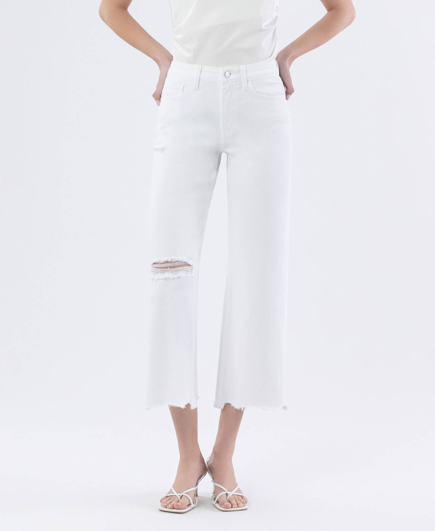 WHITE HIGH RISE UNEVEN RAW HEM CROP WIDE JEANS