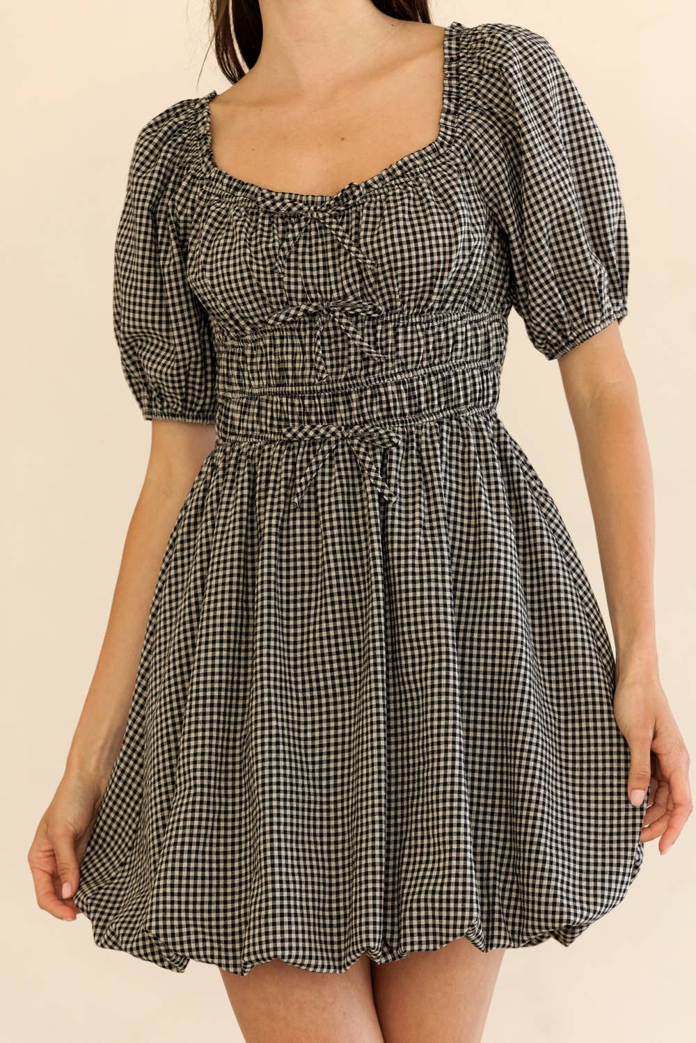 GINGHAM PUFF SLEEVE MINI DRESS