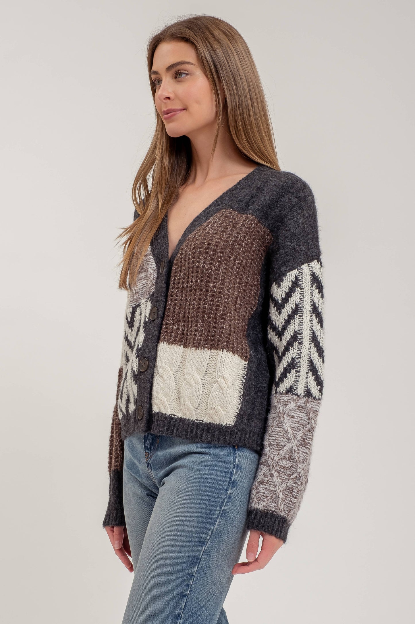 V NECK PATCHWORK CABLE KNIT CARDIGAN