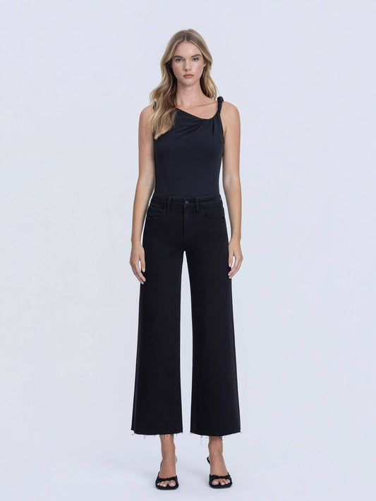HIGH RISE RAW HEM CROP JET BLACK WIDE LEG JEANS
