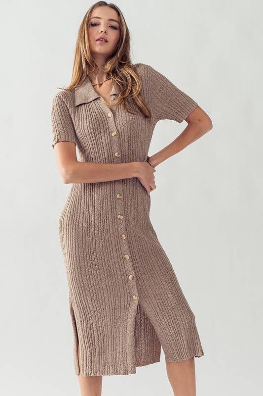 BUTTON DOWN RIB KNIT MIDI DRESS