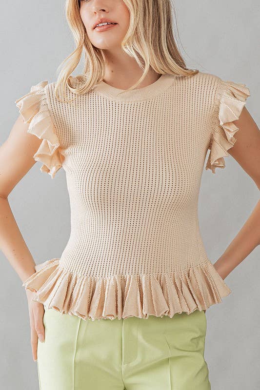 RUFFLED EDGES POINTELLE RIB KNIT TOP