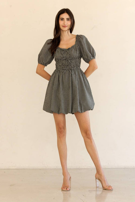GINGHAM PUFF SLEEVE MINI DRESS