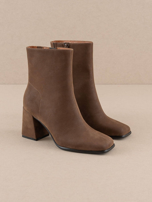 The Queens | Coffee Square Toe Suede Block Bootie