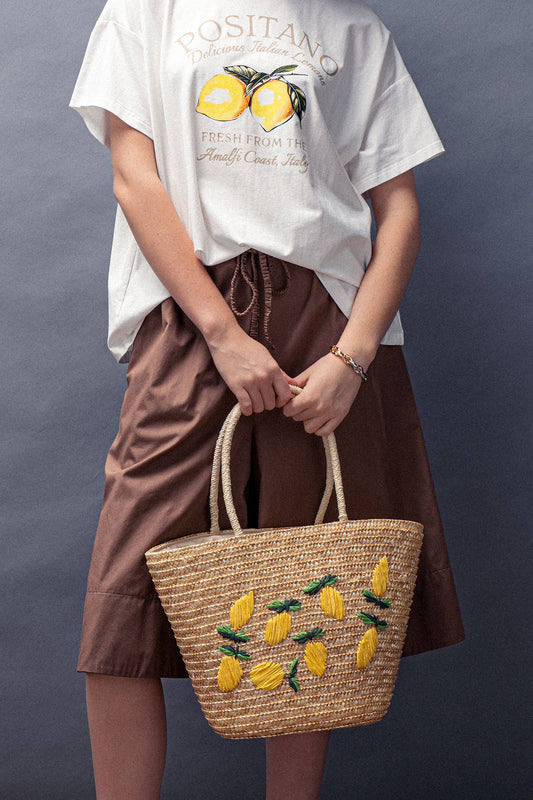 Lemon Embroidered Straw Beach Tote