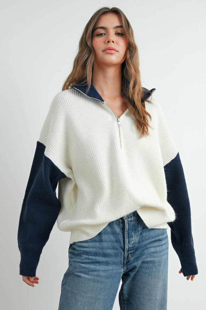 Color Block Collar Half Zipper Pullover Sweater