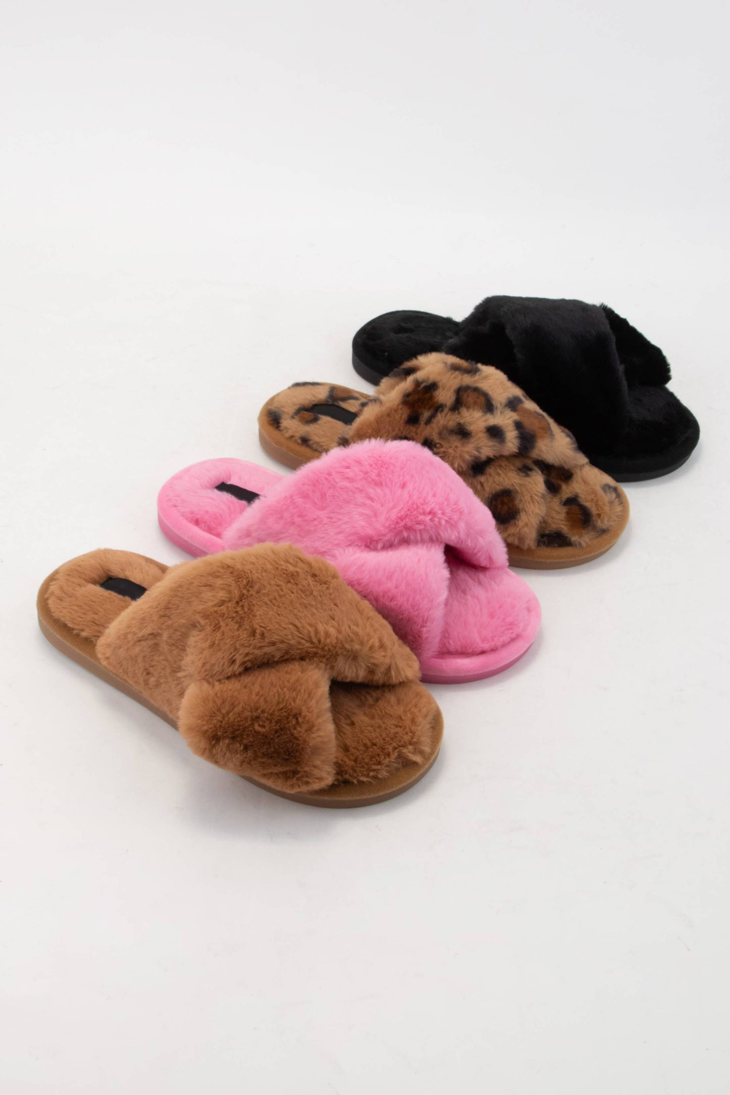 FLUFFY FUR CROSS UPPER COZY SLIPPERS