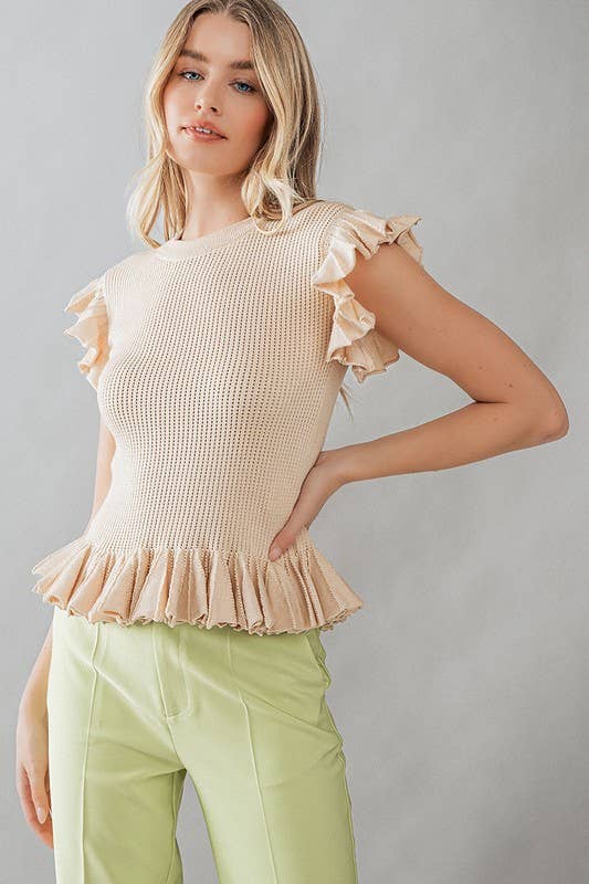 RUFFLED EDGES POINTELLE RIB KNIT TOP