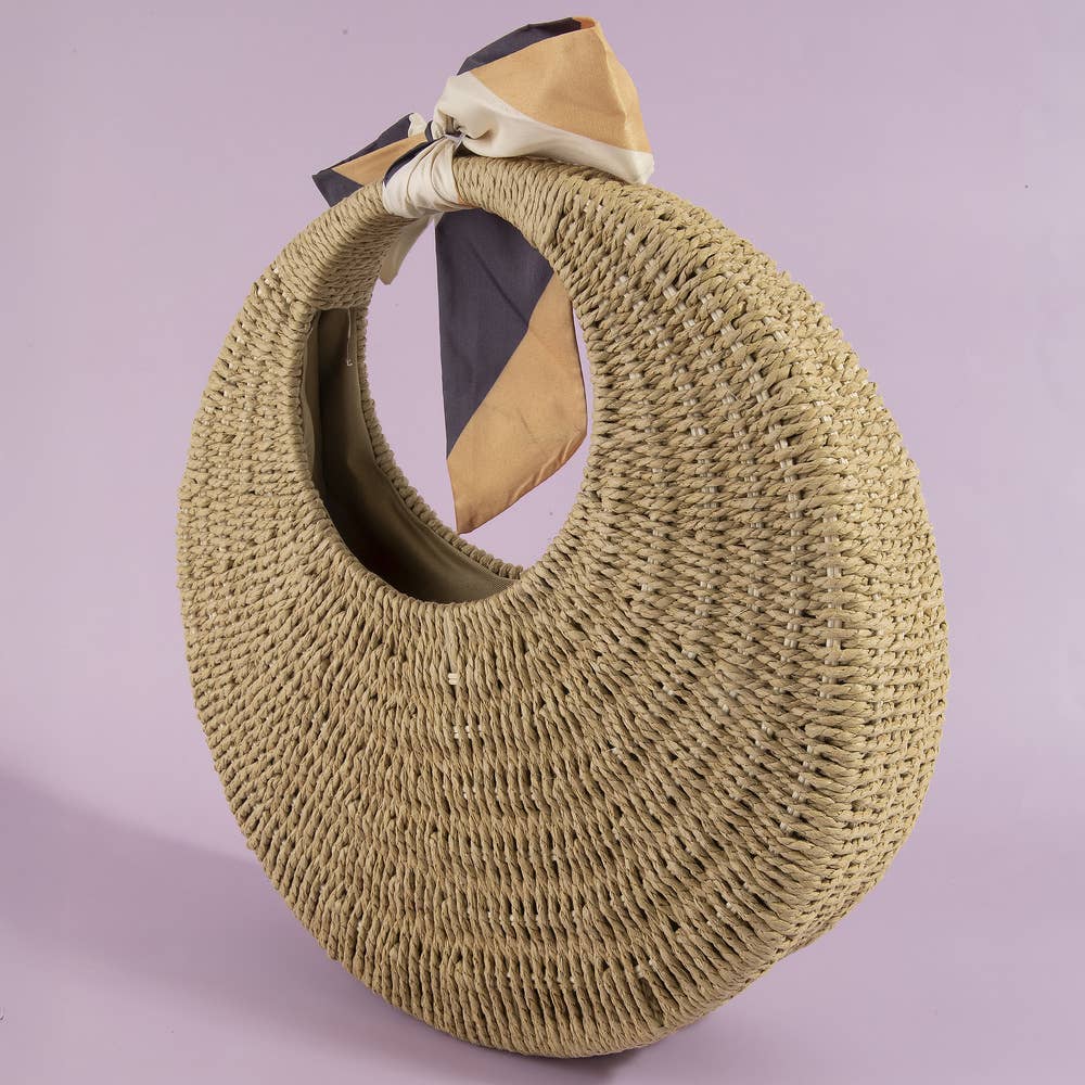 Round Woven Straw Bag With Bow Scarf Accent