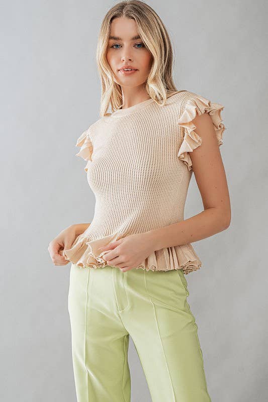 RUFFLED EDGES POINTELLE RIB KNIT TOP