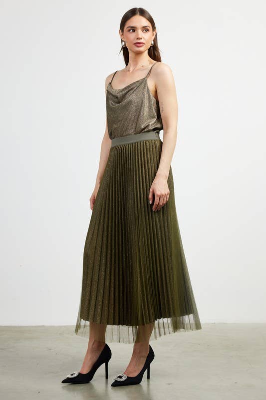 Lurex Pleated Double Mesh Midi Skirt