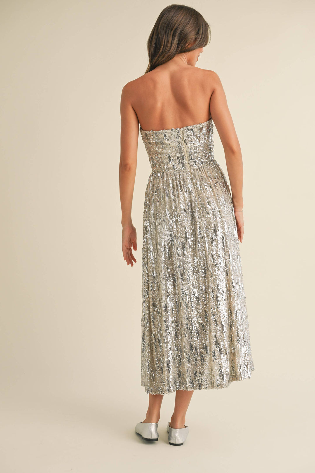 SEQUIN STRAPLESS FLARED MIDI DRESS