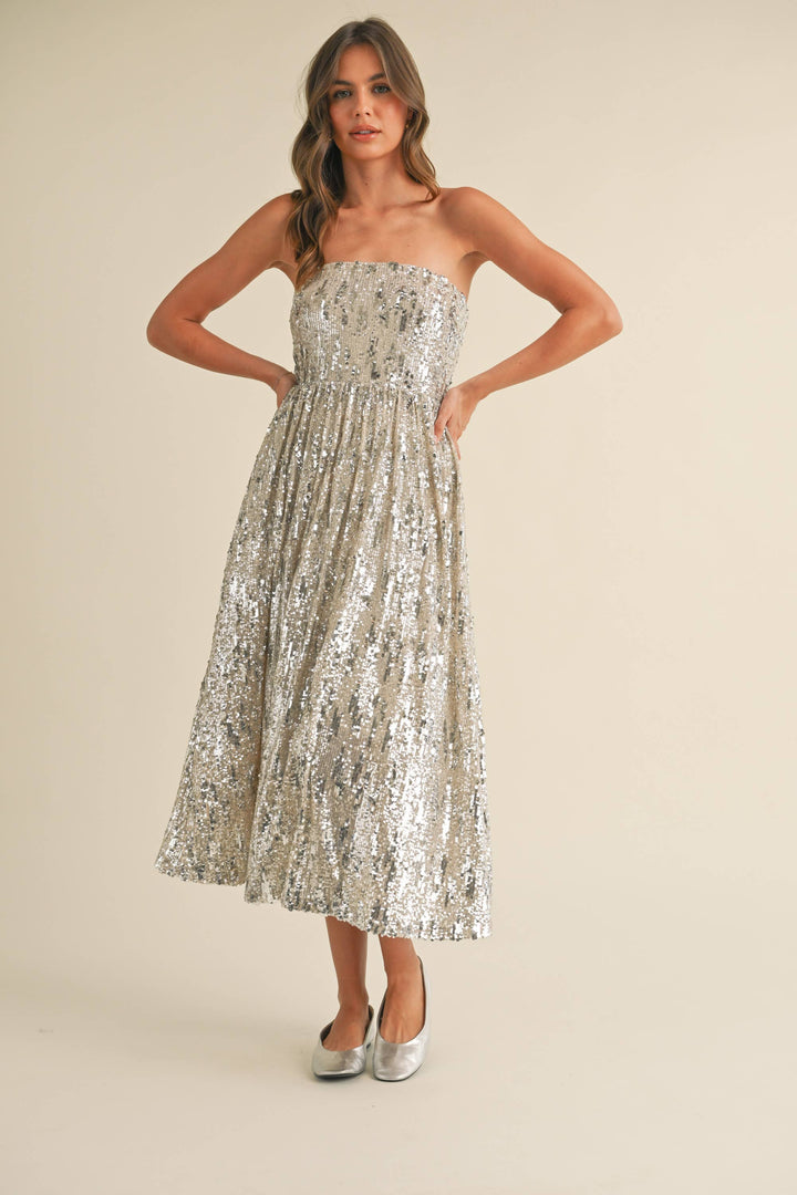 SEQUIN STRAPLESS FLARED MIDI DRESS