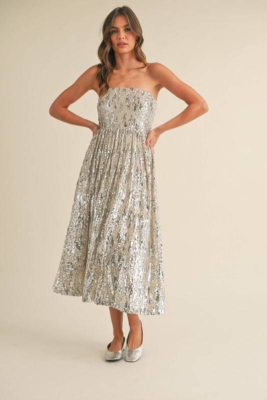 SEQUIN STRAPLESS FLARED MIDI DRESS