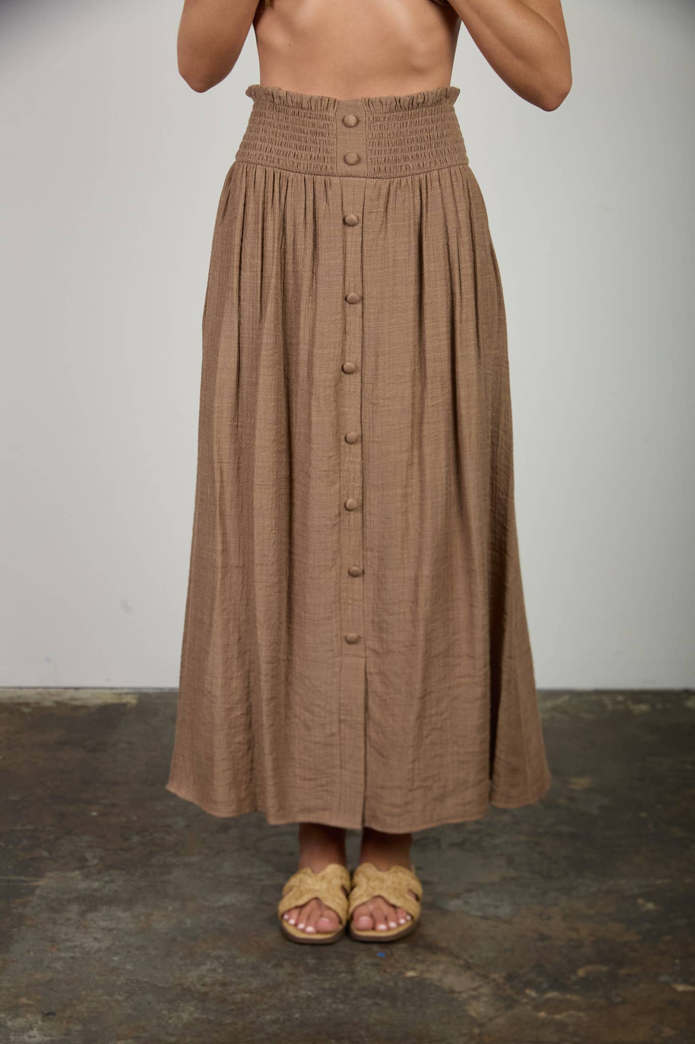 Blu Pepper - SMOCKED WAIST RUFFLE DETAIL BUTTON DOWN MIDI SKIRT: NATURAL