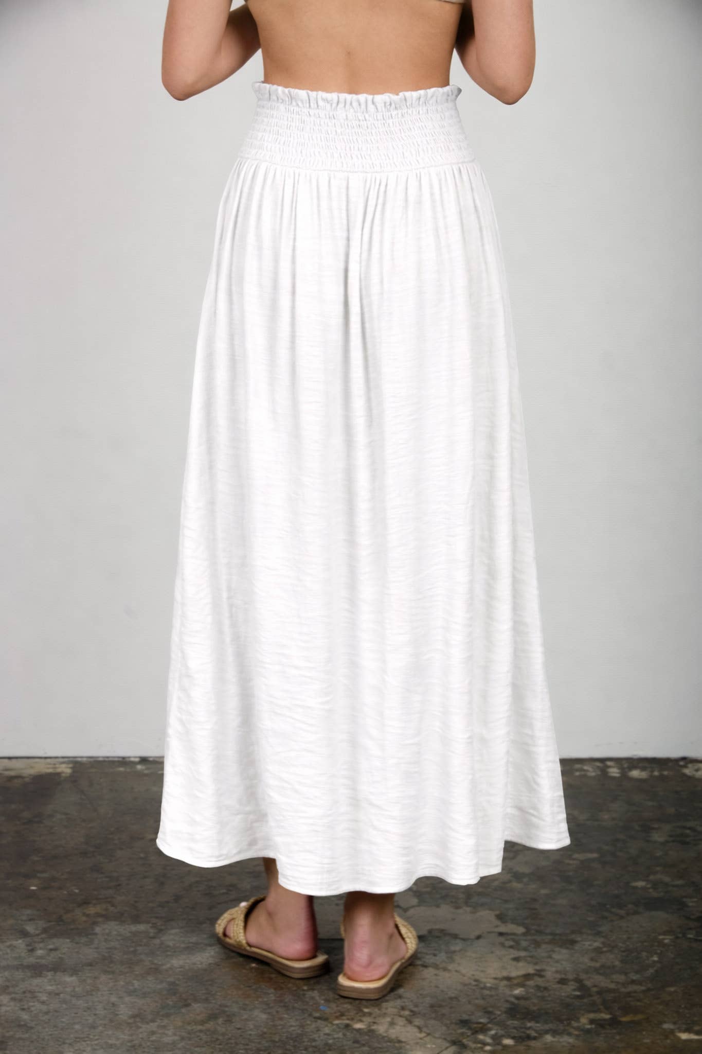 Blu Pepper - SMOCKED WAIST RUFFLE DETAIL BUTTON DOWN MIDI SKIRT: NATURAL
