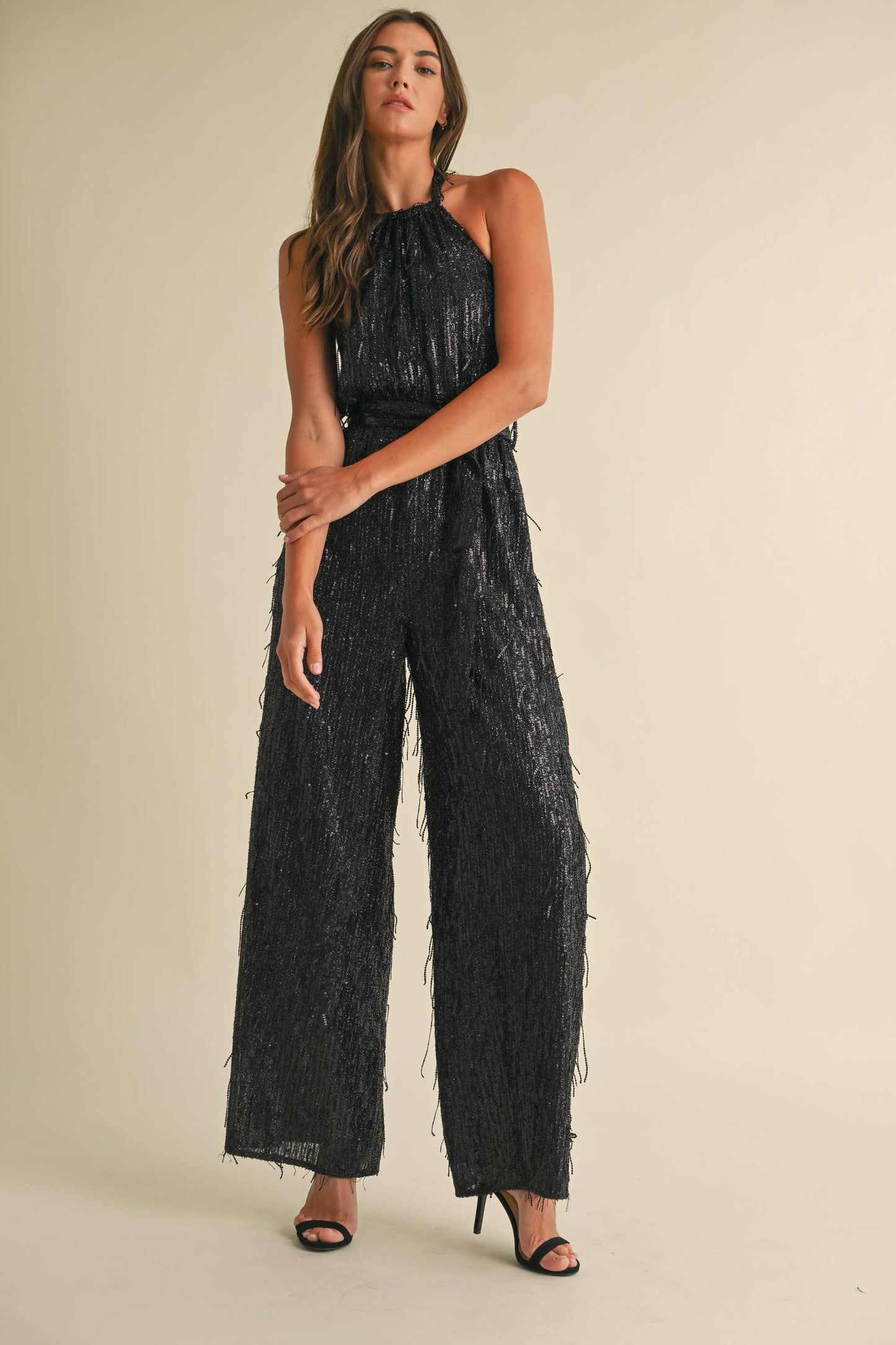 Feather Sequin Halter Jumpsuit