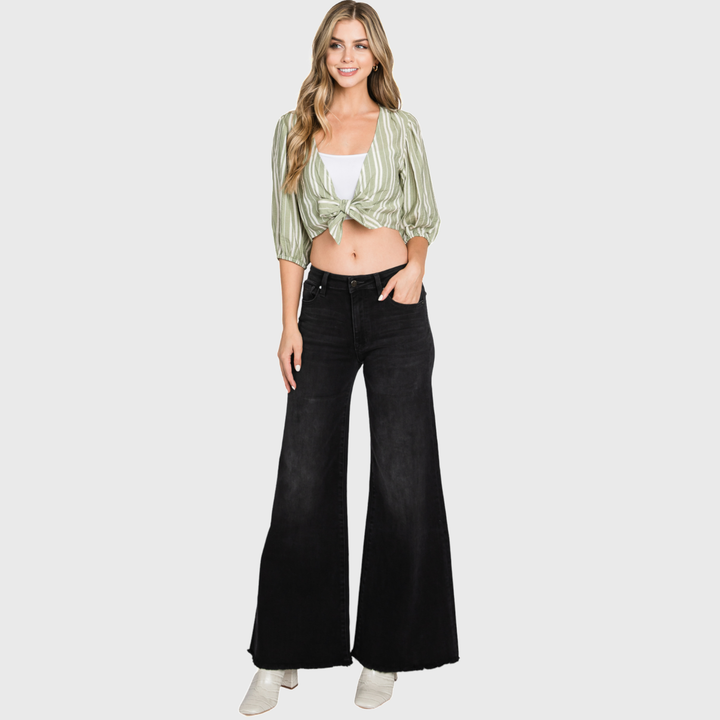 HIGH RISE BLACK WASHED WIDE LEG FLARE JEANS