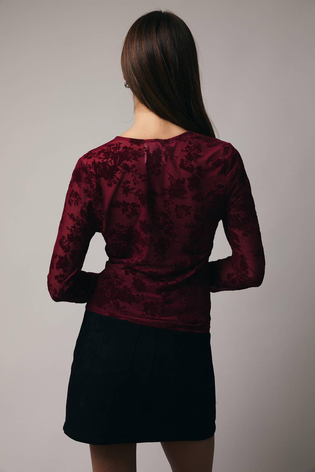 Round Neck Long Sleeve Velvet Button-Up Top