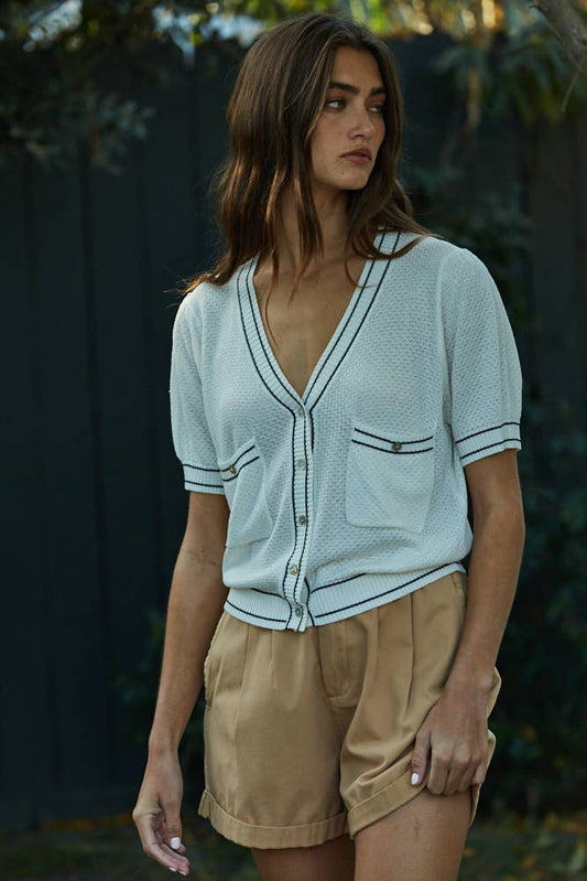 Knit Sweater Line Detailed Button Down V-Neck Short