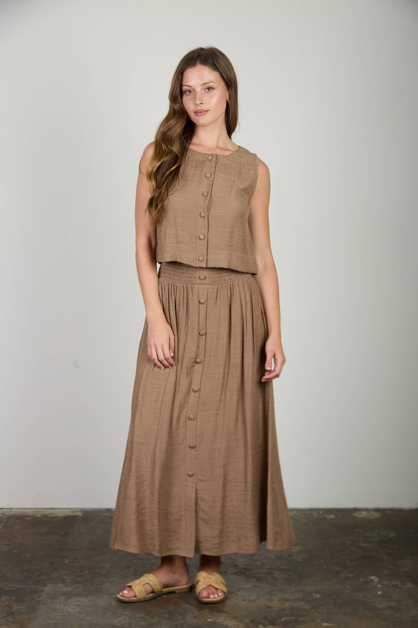 Blu Pepper - SMOCKED WAIST RUFFLE DETAIL BUTTON DOWN MIDI SKIRT: NATURAL