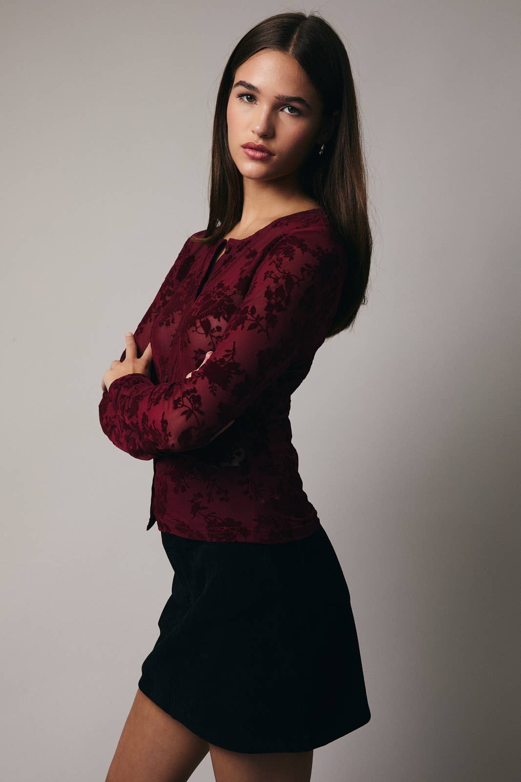Round Neck Long Sleeve Velvet Button-Up Top