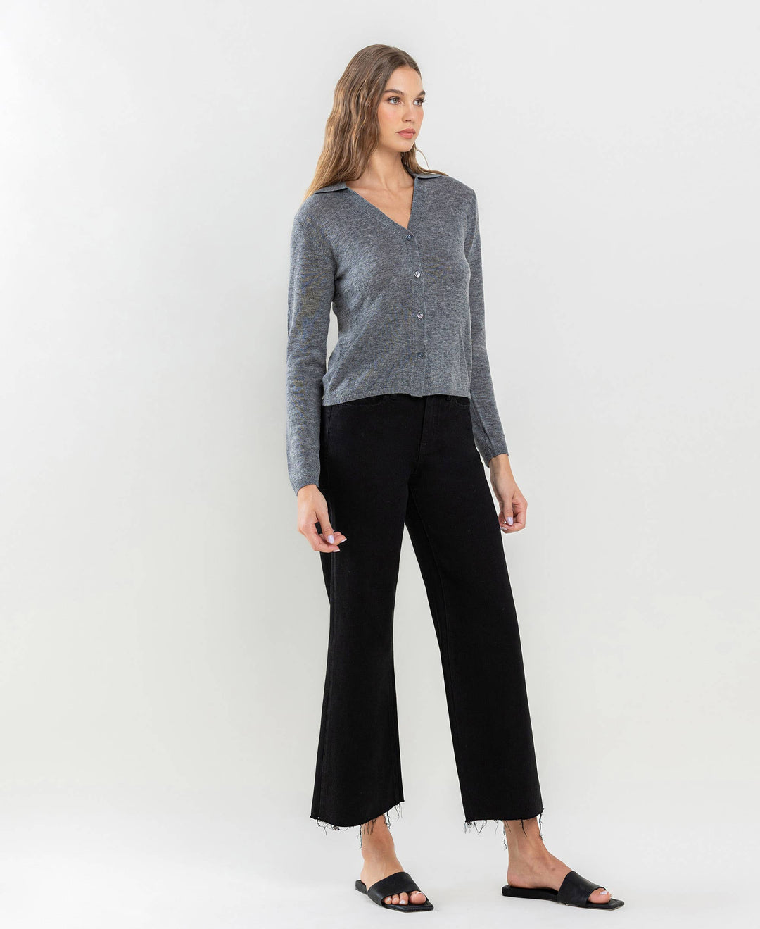 HIGH RISE RAW HEM CROP WIDE LEG JEANS