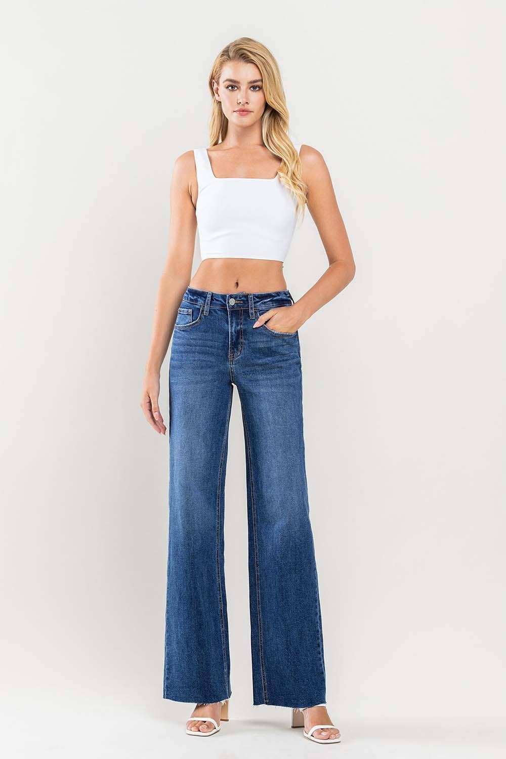 HIGH RISE CLEAN CUT RAW HEM WIDE JEANS